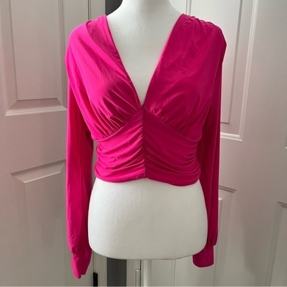 Saints 21 Women Cropped Pink Long‎ Sleeve Plunge Blouse Ruched 33” Bust Crop Top